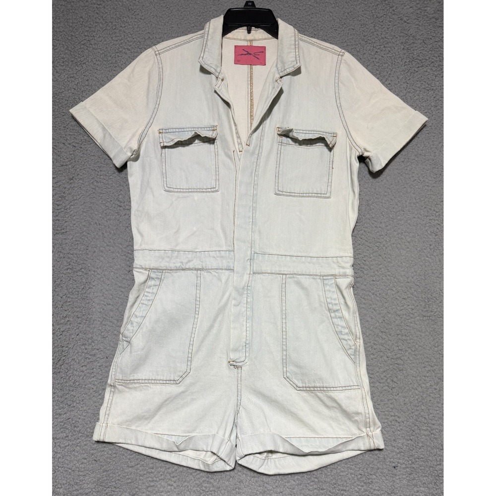 Signature8 Short Sleeve Denim Button Romper Womens M/L faded Blue
